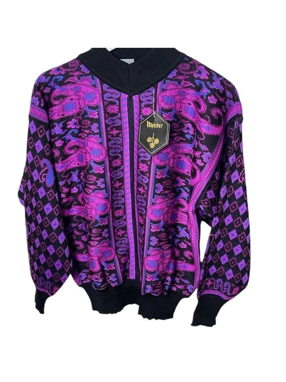 NWT Vintage Meister Mock Neck Heavy Weight Ski Sweater SZ L black Purple